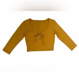 Forever 21 Mustard Lace-Up Crop Top XS Long Sleeve Tie Front Boho